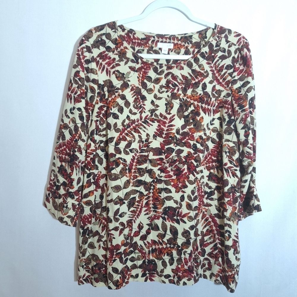 J Jill Tunic Blouse Fall Leaves Relaxed 3/4 Sleeve Boho Chic Large Womens